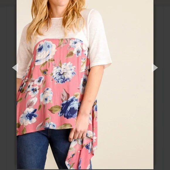 PINK & IVORY FLORAL TOP, L (Runs small & matches purple floral listing - Picture 3 of 7